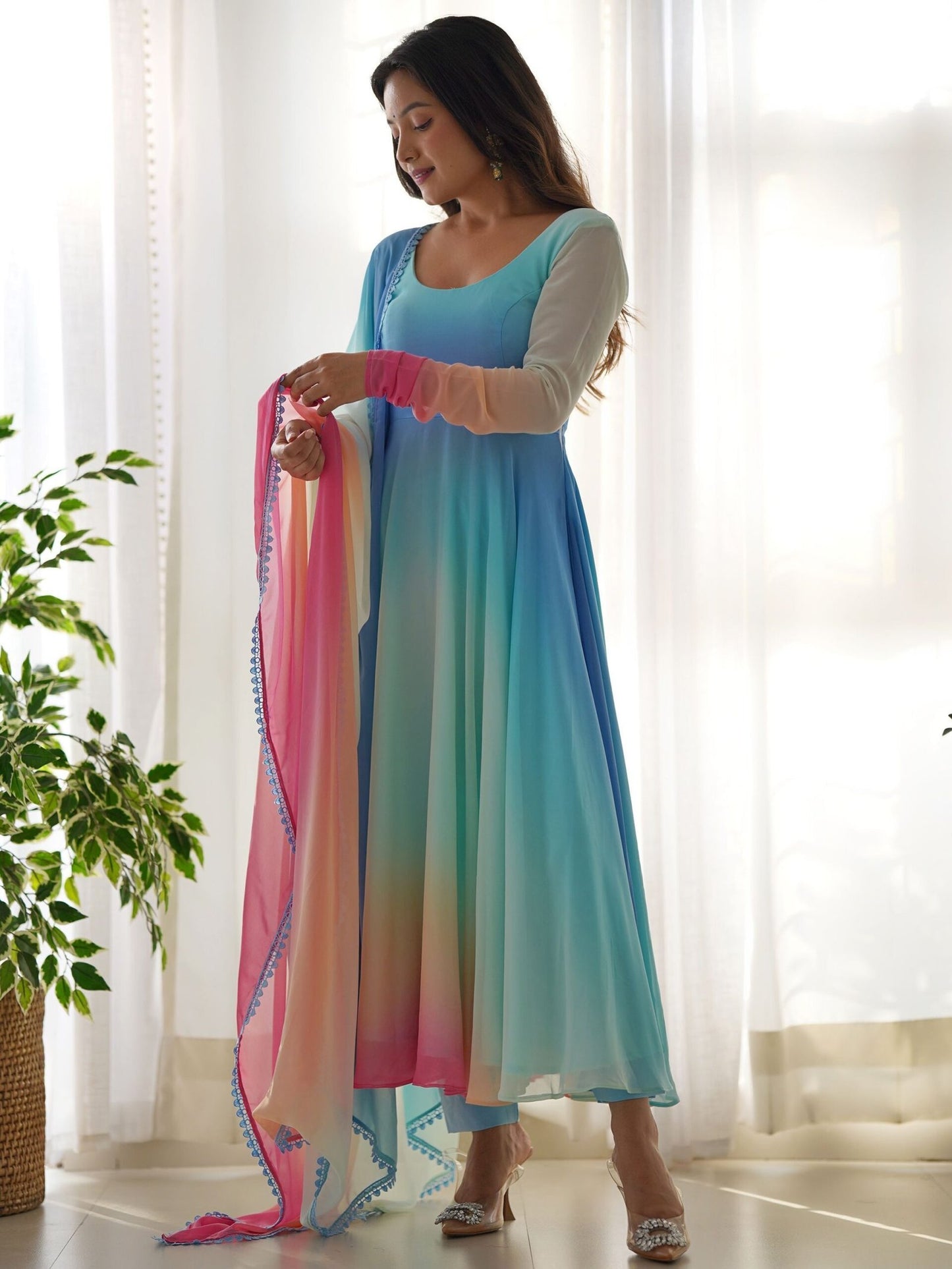 Awesome Multi-Color Georgette Readymade Anarkali Suit With Dupatta