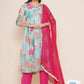 Floral Printed Angrakha Anarkali Kurta & Trousers With Dupatta