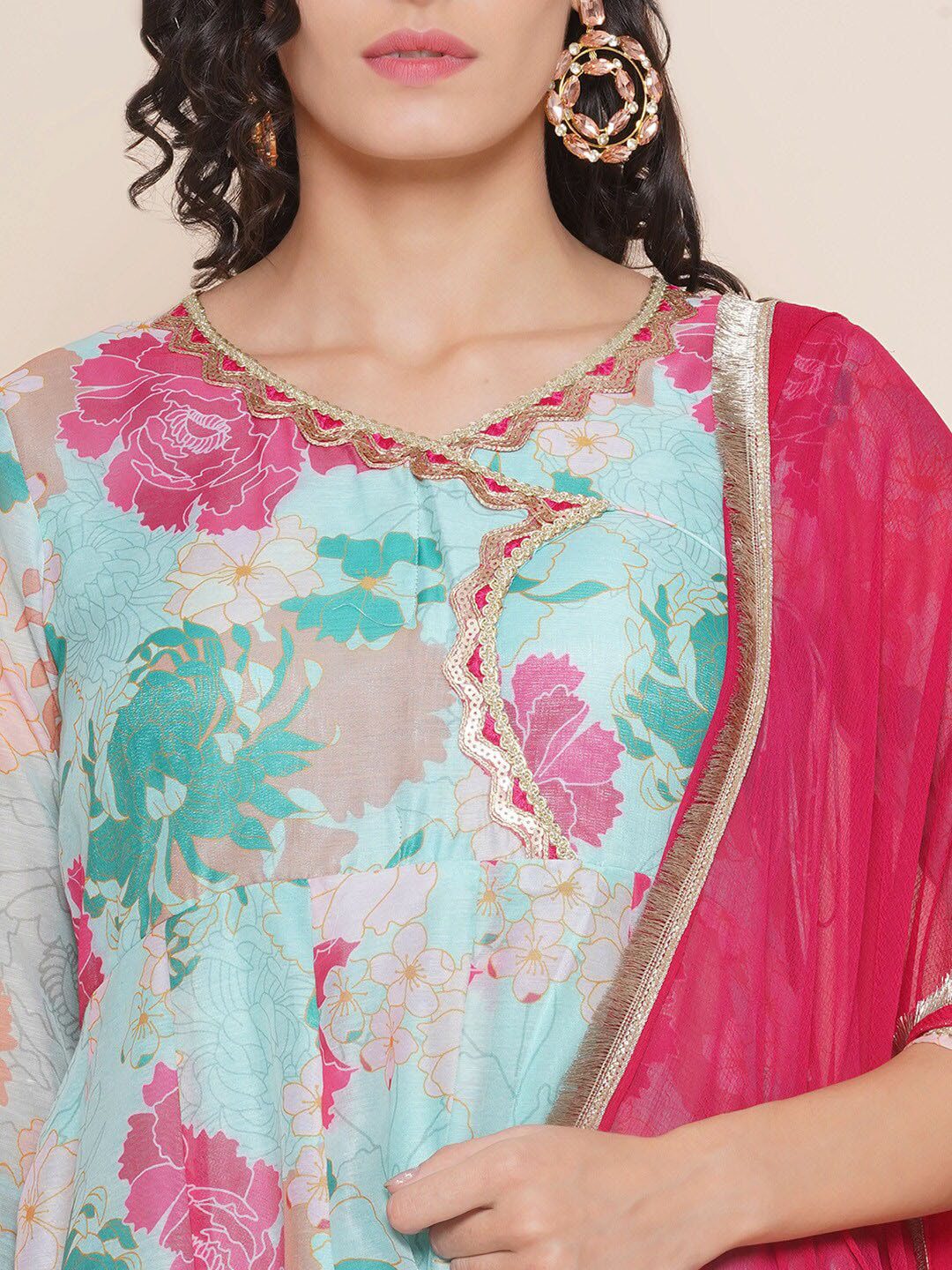 Floral Printed Angrakha Anarkali Kurta & Trousers With Dupatta