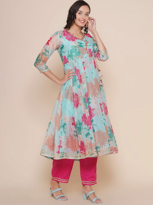 Floral Printed Angrakha Anarkali Kurta & Trousers With Dupatta