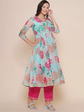 Floral Printed Angrakha Anarkali Kurta & Trousers With Dupatta