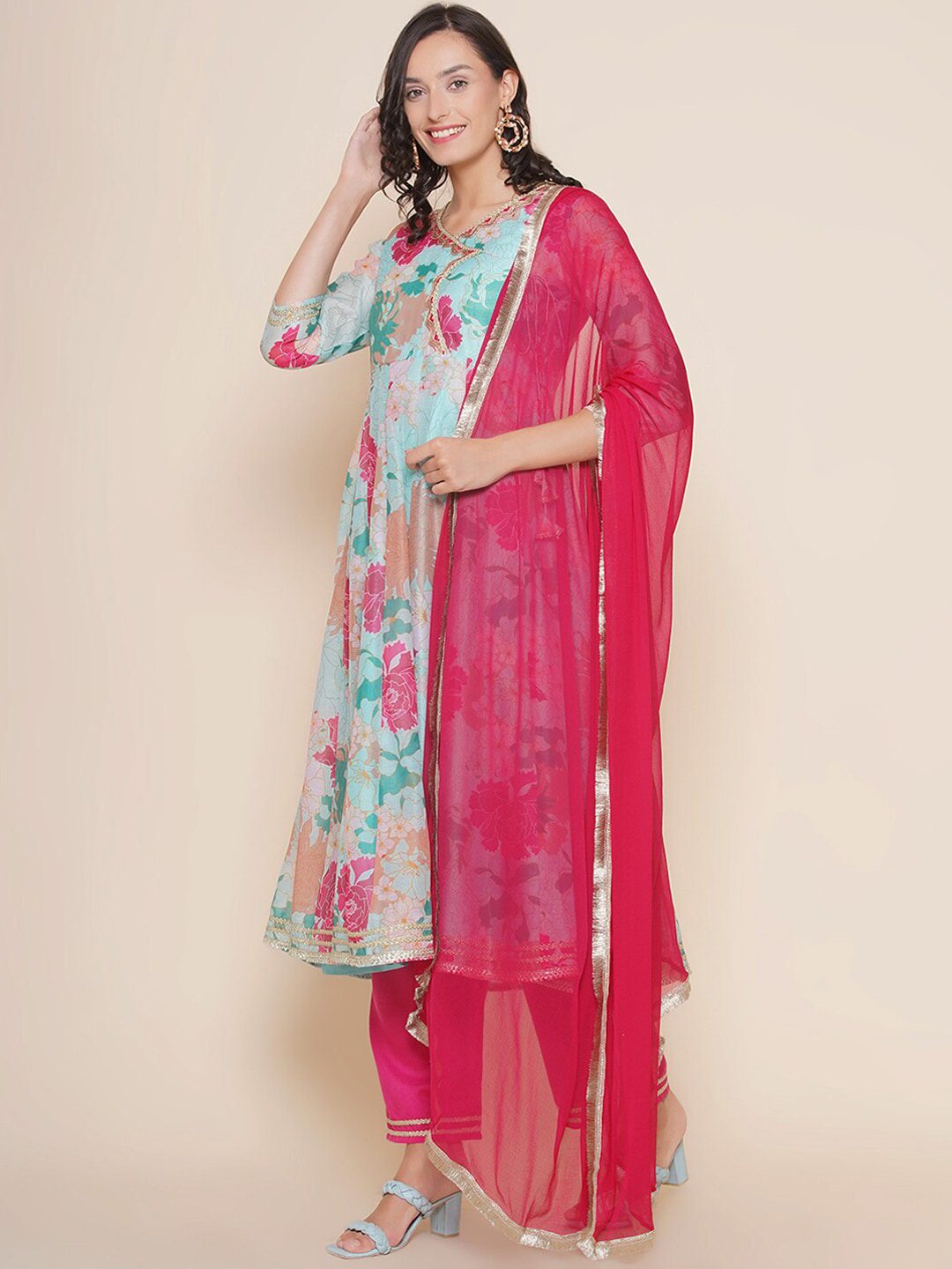 Floral Printed Angrakha Anarkali Kurta & Trousers With Dupatta