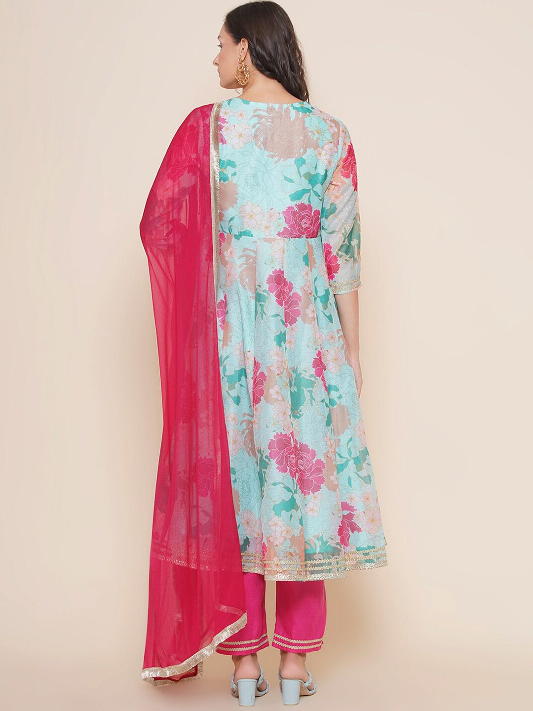 Floral Printed Angrakha Anarkali Kurta & Trousers With Dupatta