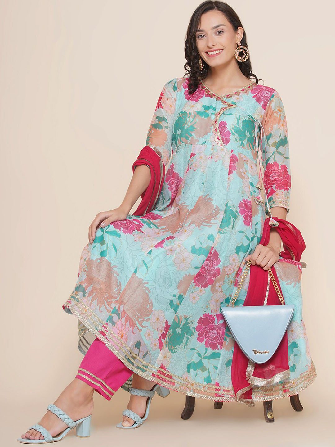 Floral Printed Angrakha Anarkali Kurta & Trousers With Dupatta