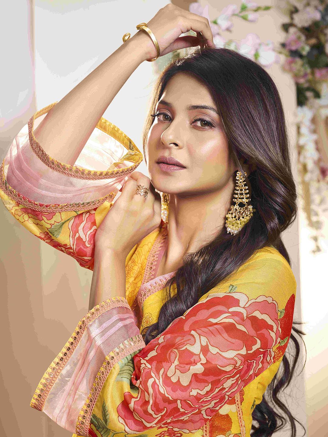 Floral Chanderi Silk Anarkali Kurta With Palazzos & Dupatta