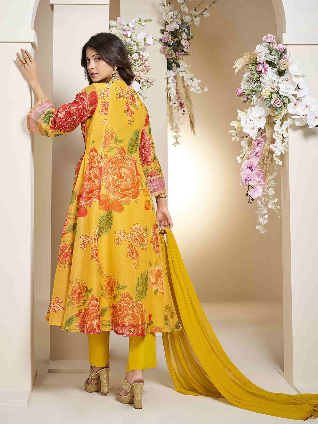 Floral Chanderi Silk Anarkali Kurta With Palazzos & Dupatta
