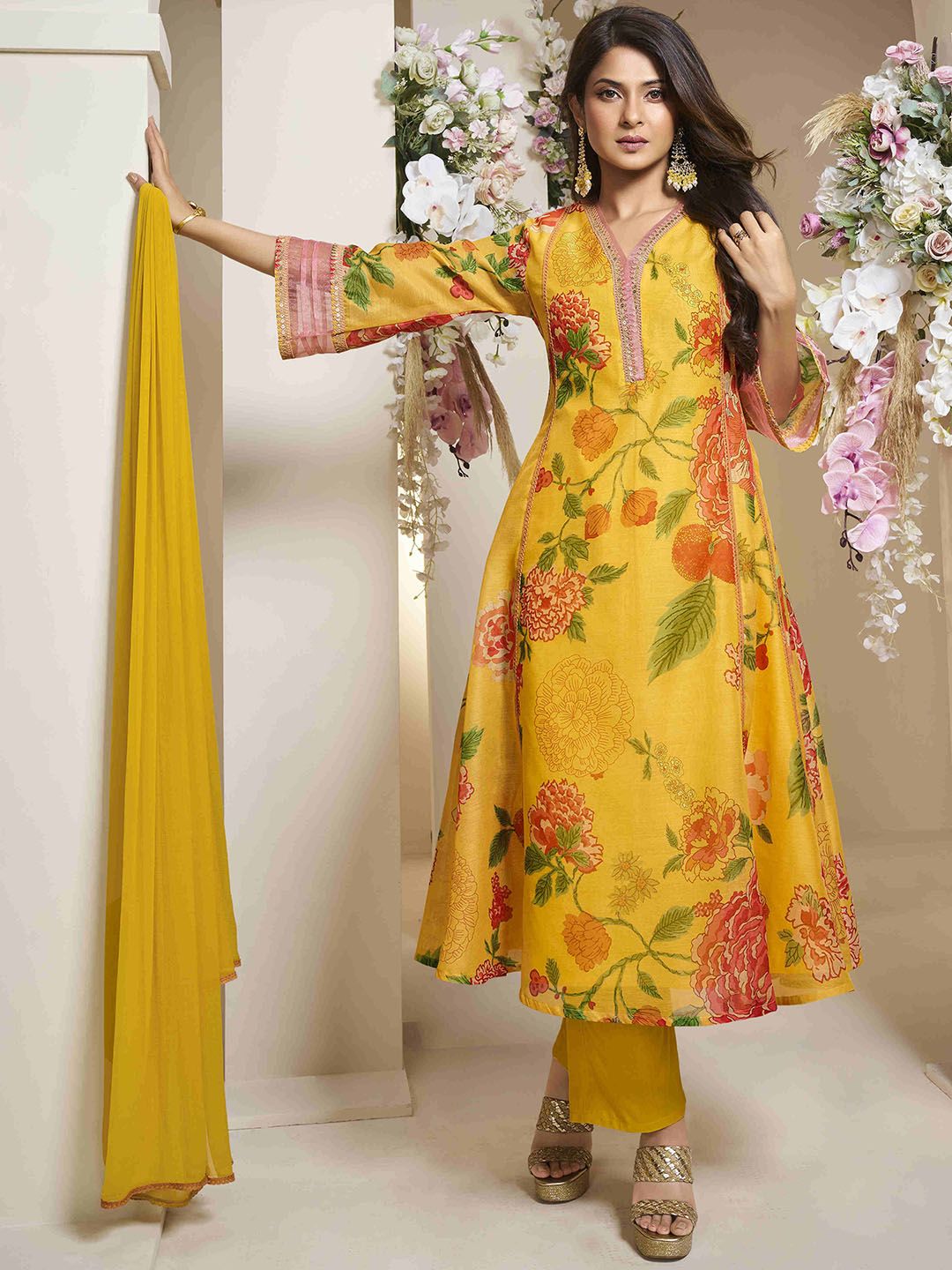Floral Chanderi Silk Anarkali Kurta With Palazzos & Dupatta