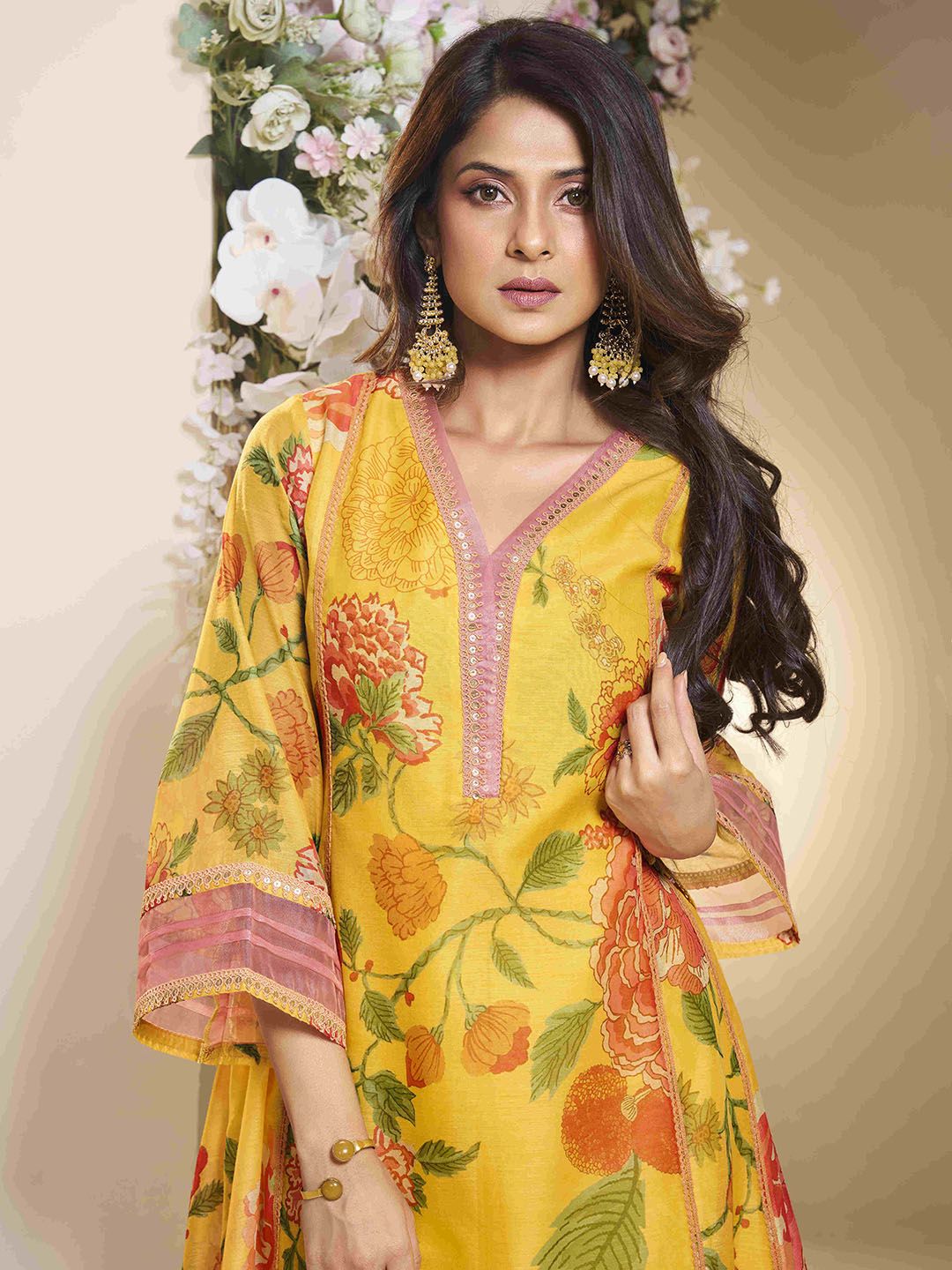 Floral Chanderi Silk Anarkali Kurta With Palazzos & Dupatta