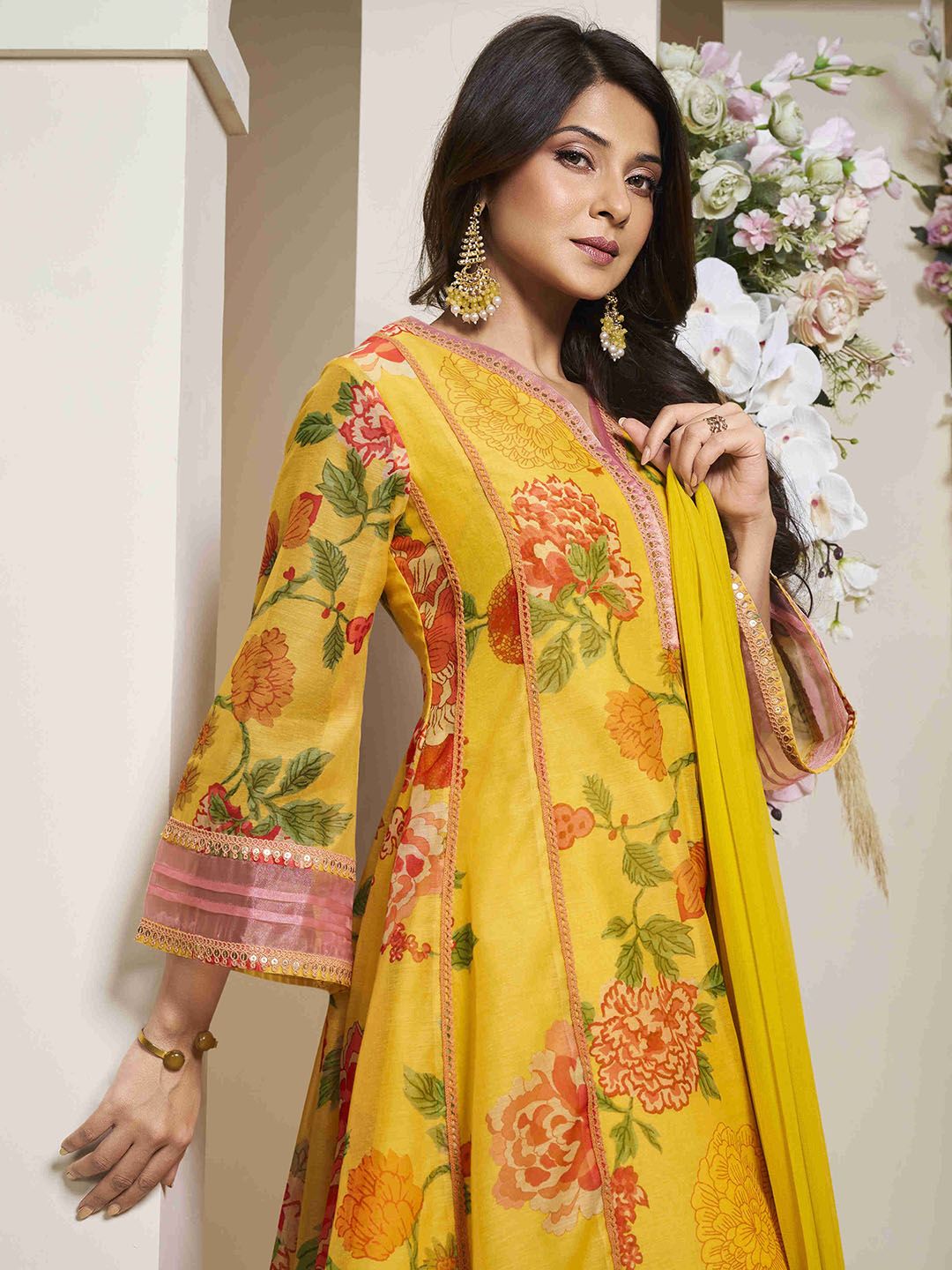 Floral Chanderi Silk Anarkali Kurta With Palazzos & Dupatta