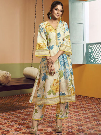 Floral Printed Panelled Anarkali Kurta With Palazzos