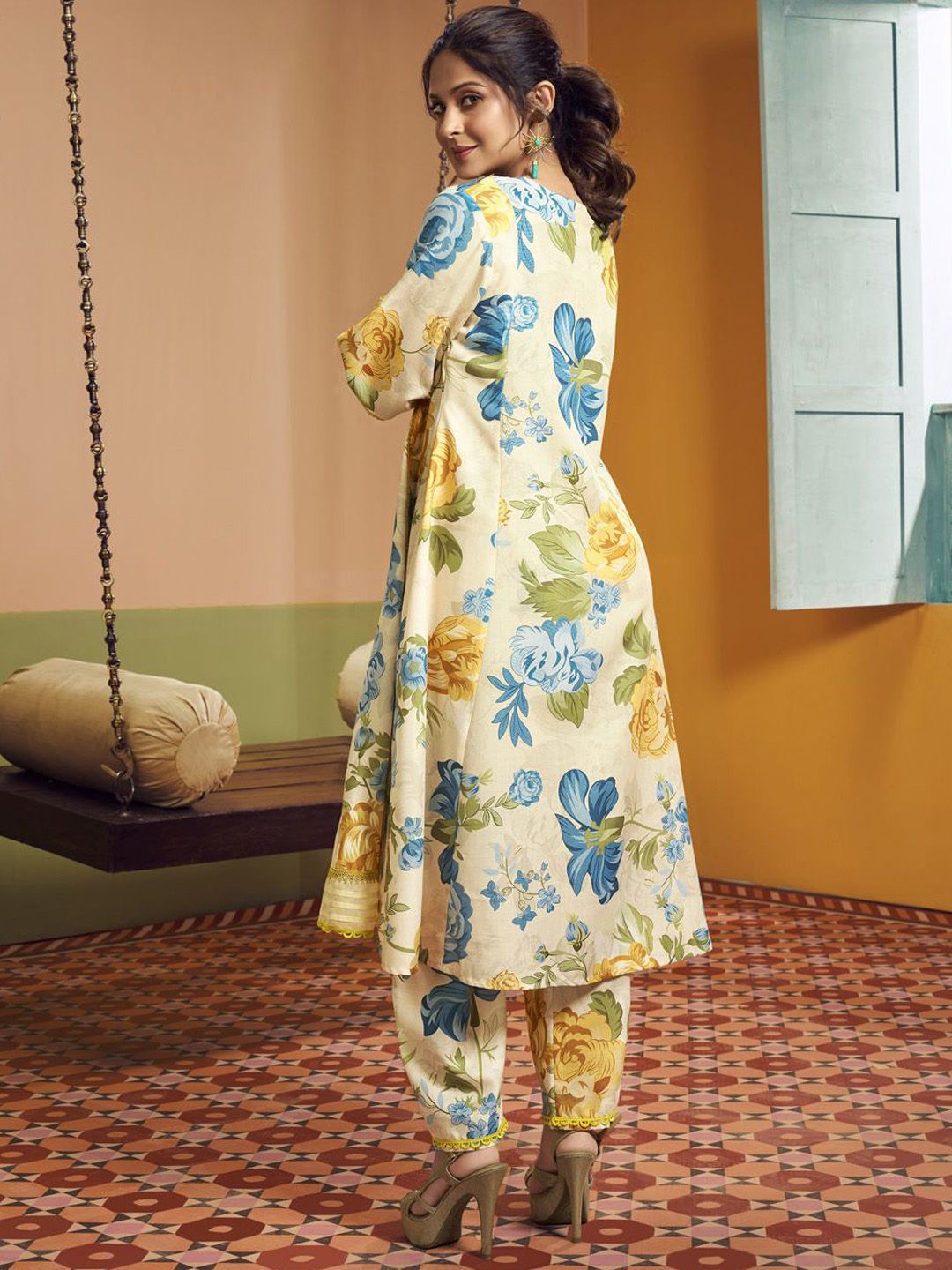Floral Printed Panelled Anarkali Kurta With Palazzos