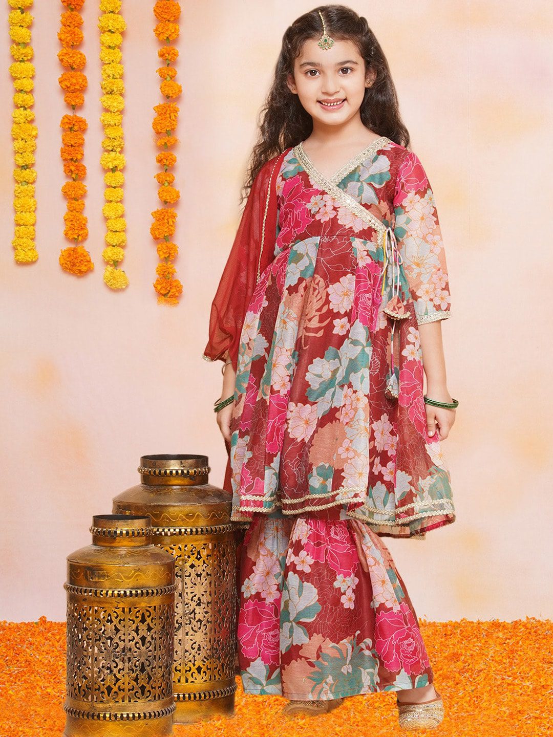 Girls Floral Printed Angrakha Gotta Patti Kurta & Sharara With Dupatta