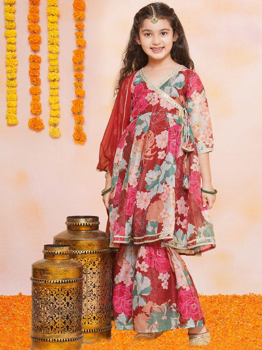 Girls Floral Printed Angrakha Gotta Patti Kurta & Sharara With Dupatta