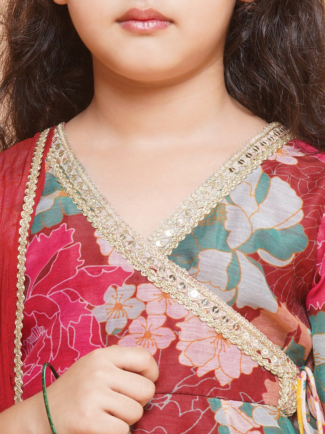 Girls Floral Printed Angrakha Gotta Patti Kurta & Sharara With Dupatta