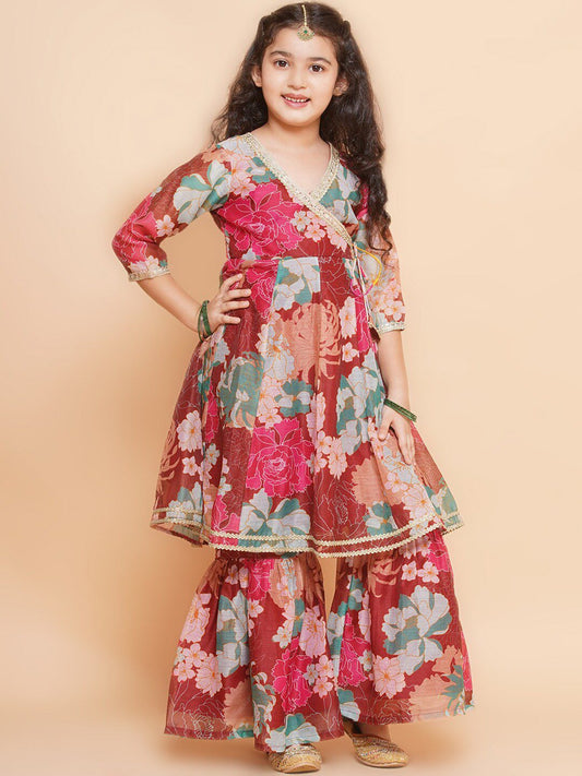Girls Floral Printed Angrakha Gotta Patti Kurta & Sharara With Dupatta
