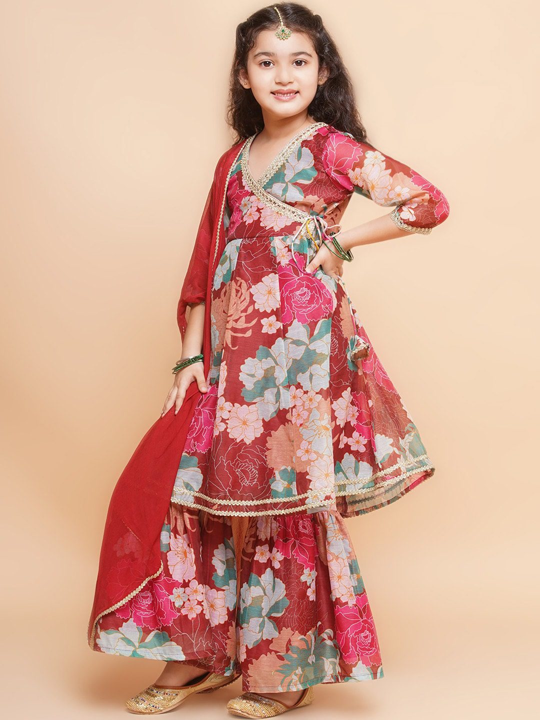 Girls Floral Printed Angrakha Gotta Patti Kurta & Sharara With Dupatta