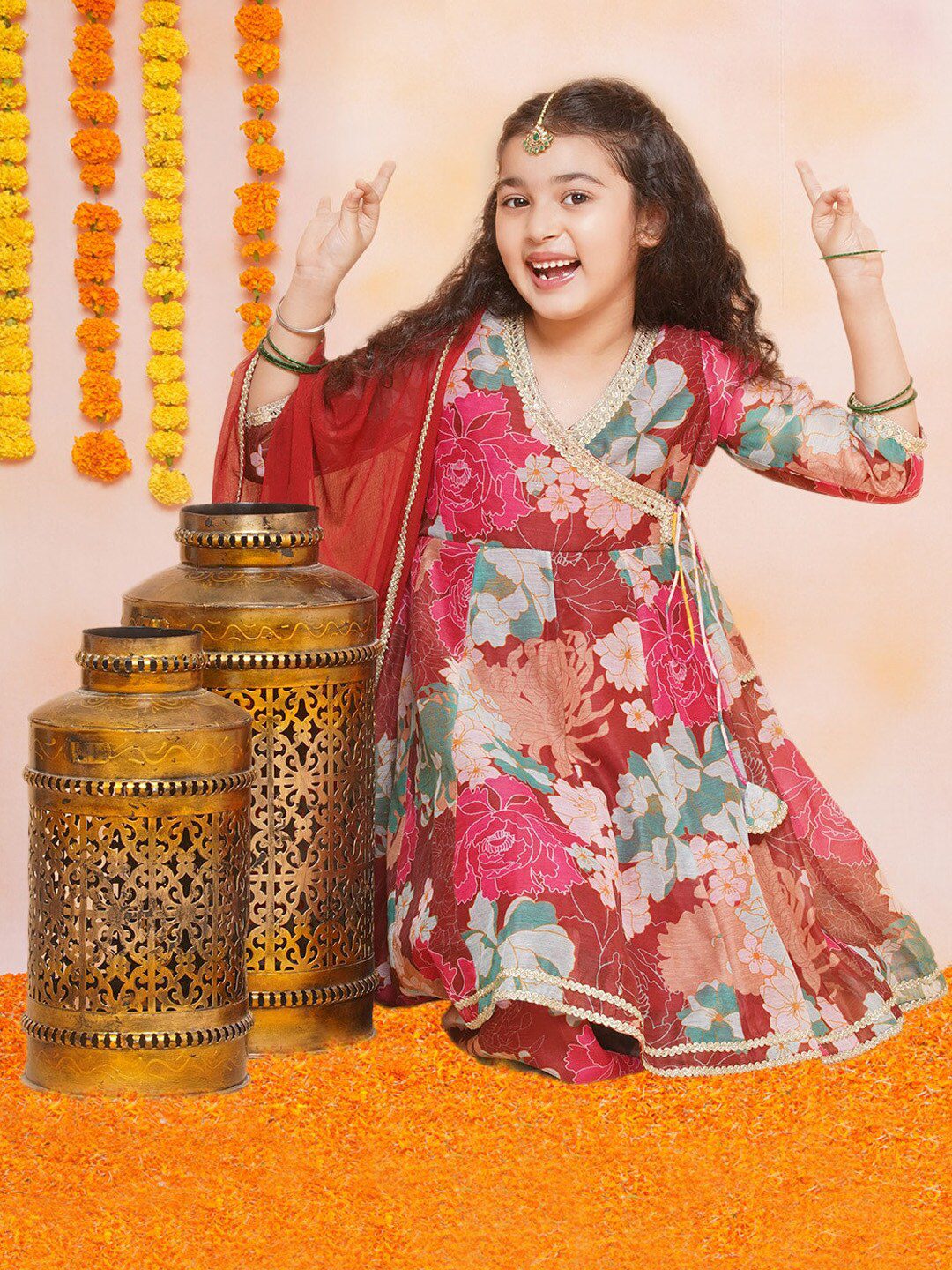 Girls Floral Printed Angrakha Gotta Patti Kurta & Sharara With Dupatta