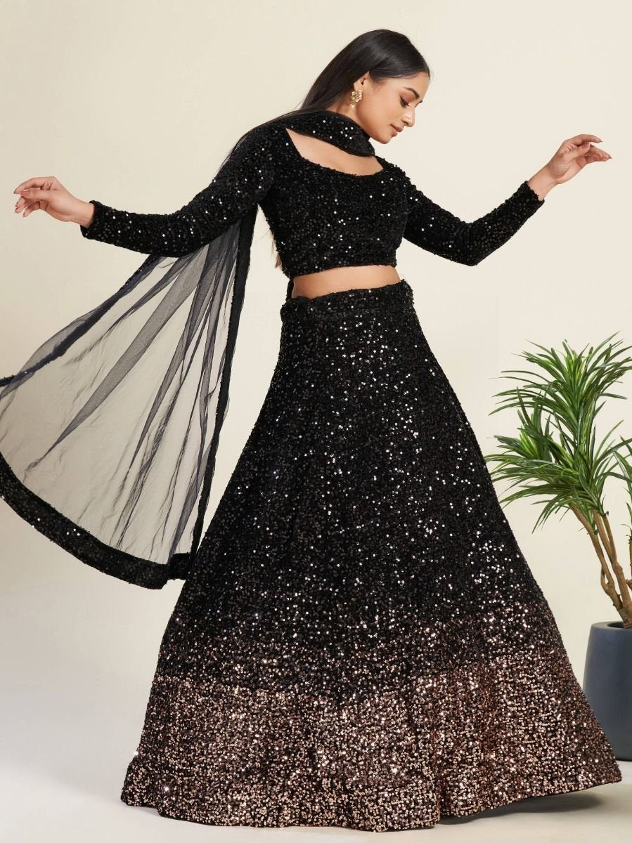 Glamorous Black Sequin Work Velvet Wedding Lehenga Choli