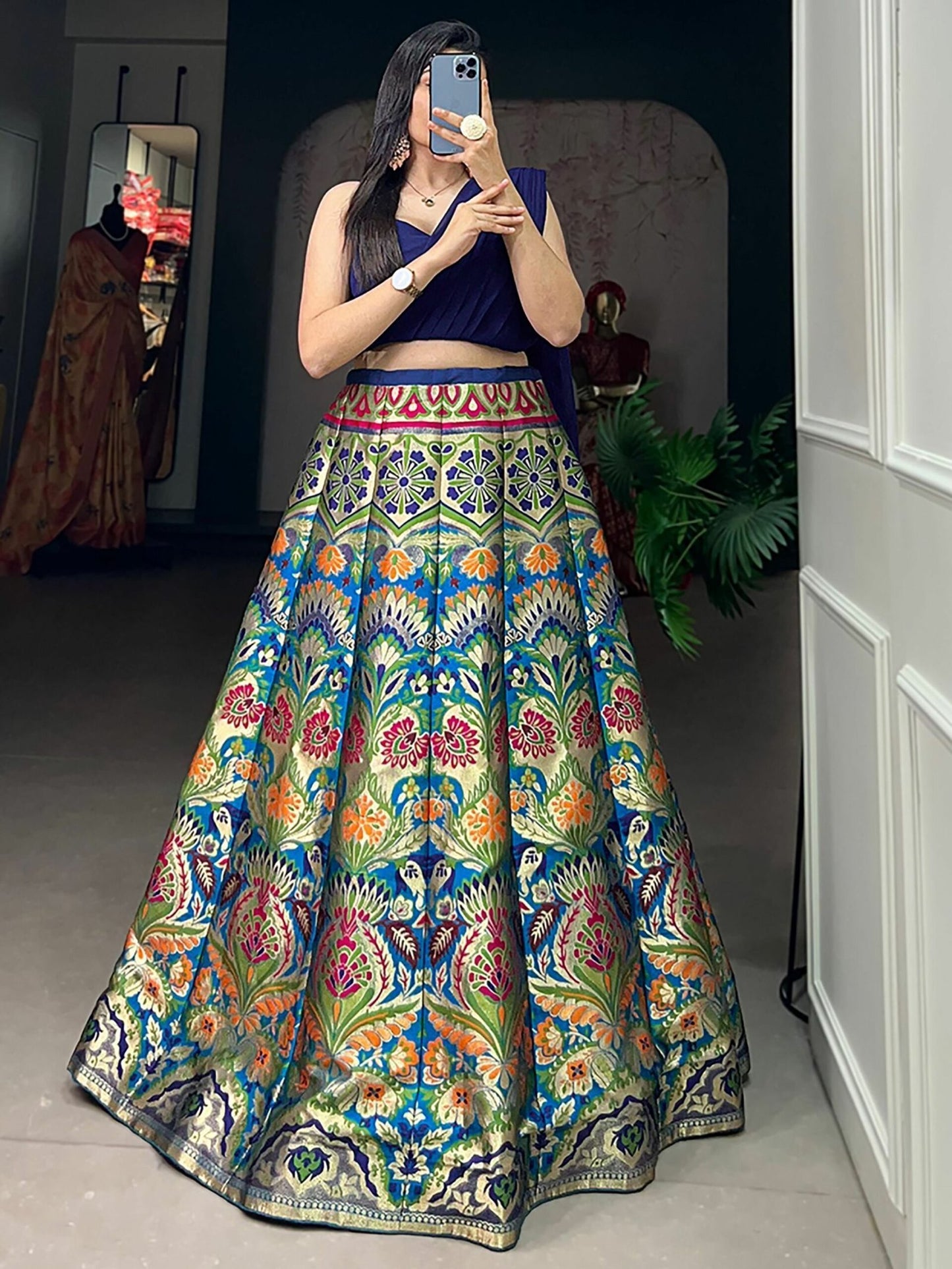 Blue Zari Weaving Silk Indo-Western Crop Top Lehenga