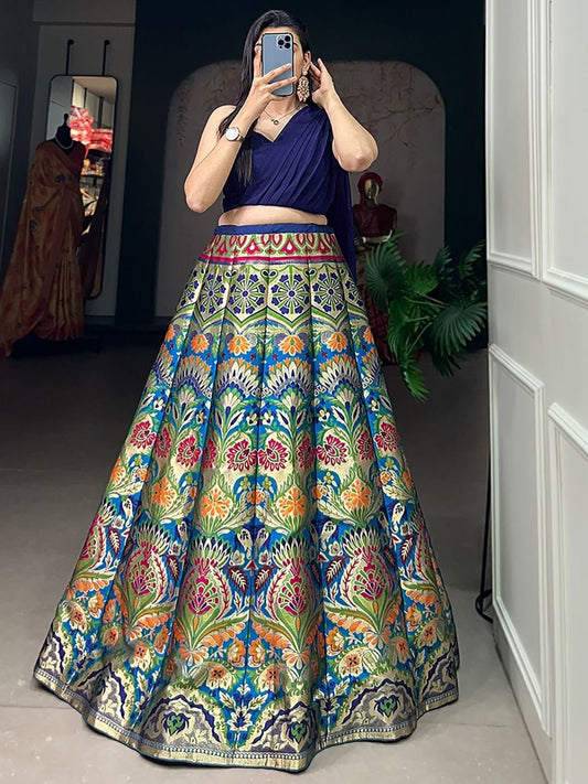 Blue Zari Weaving Silk Indo-Western Crop Top Lehenga