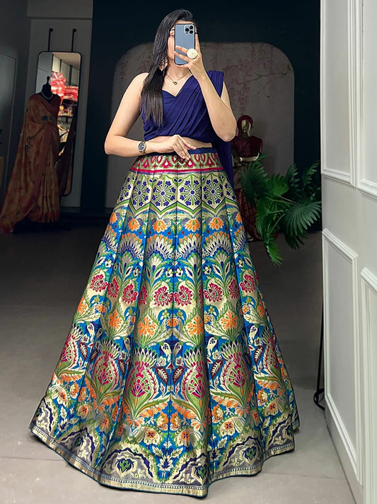 Blue Zari Weaving Silk Indo-Western Crop Top Lehenga