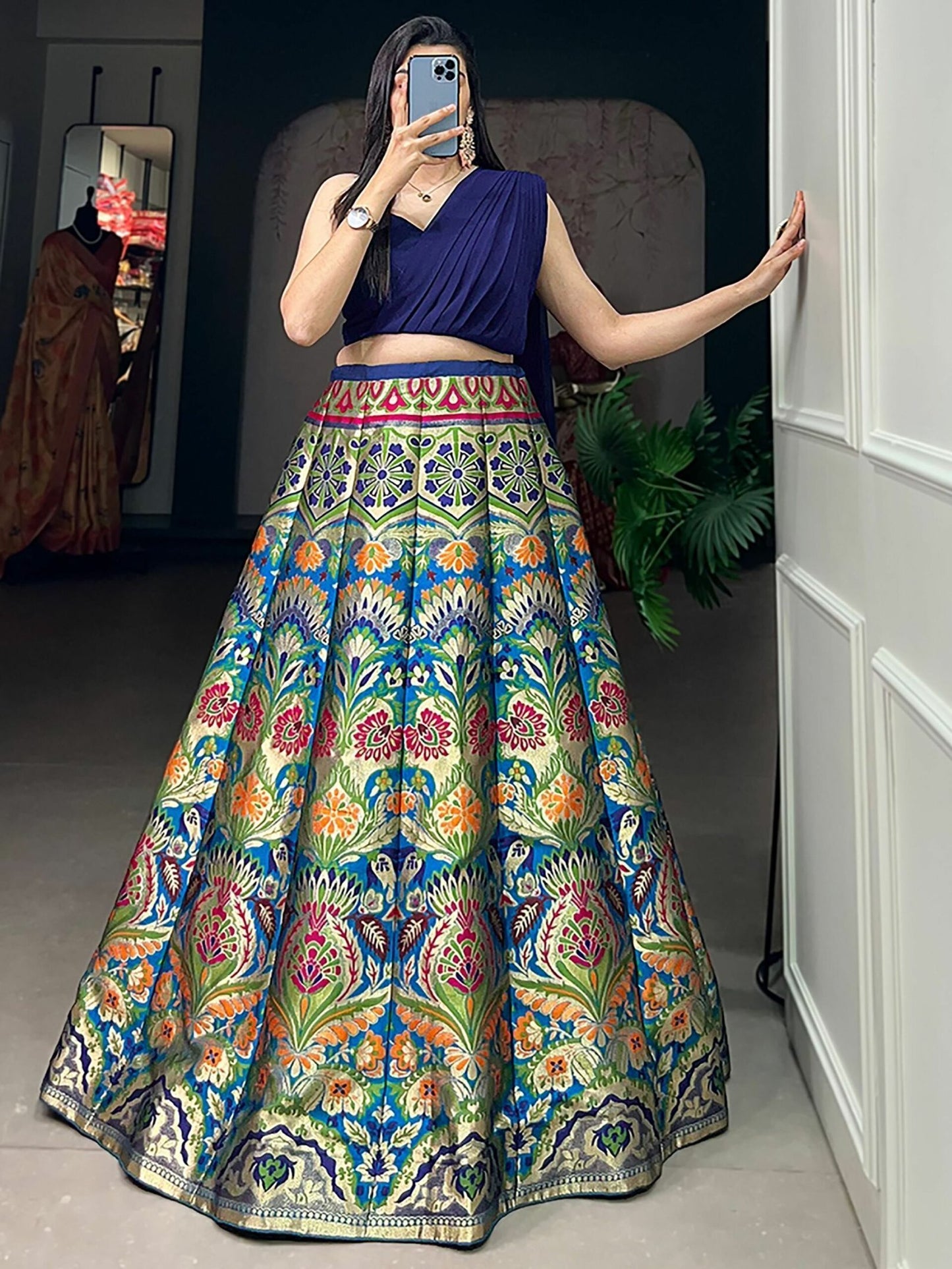 Blue Zari Weaving Silk Indo-Western Crop Top Lehenga