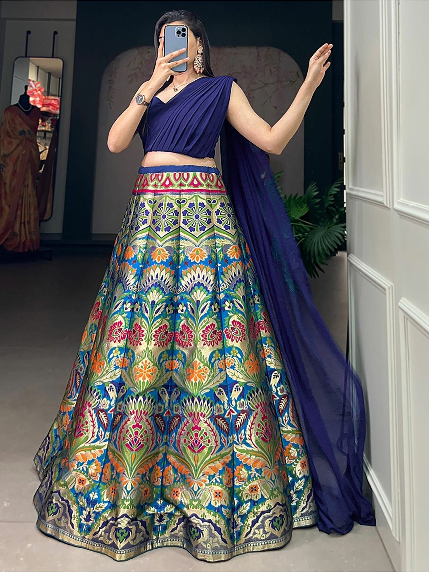 Blue Zari Weaving Silk Indo-Western Crop Top Lehenga