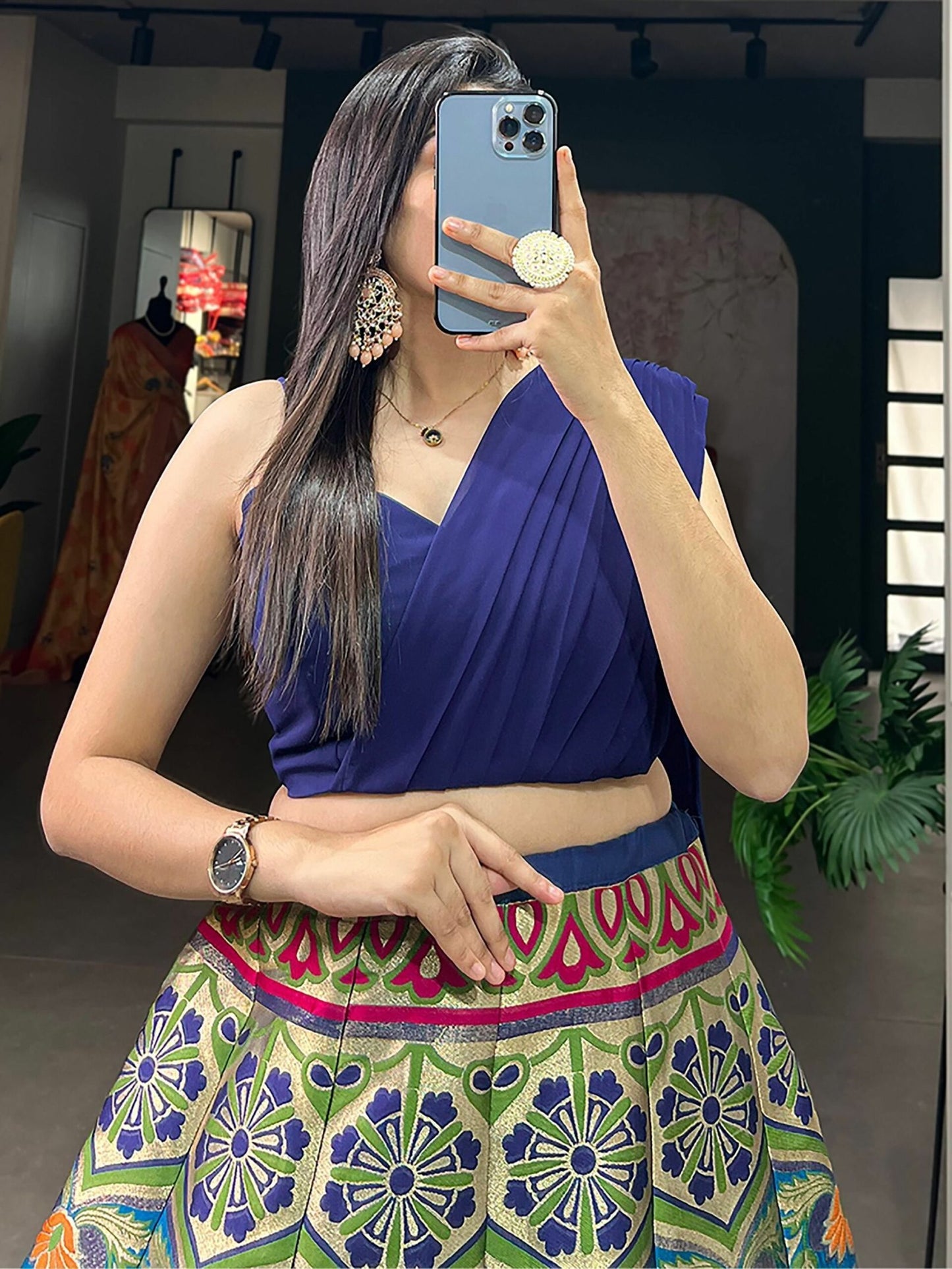 Blue Zari Weaving Silk Indo-Western Crop Top Lehenga