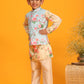 Boy's Aqua Blue Jacket With Yellow Floral Printed Kurta With Cream Solid Pyjama Set