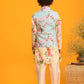 Boy's Aqua Blue Jacket With Yellow Floral Printed Kurta With Cream Solid Pyjama Set
