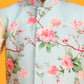 Boy's Aqua Blue Jacket With Yellow Floral Printed Kurta With Cream Solid Pyjama Set