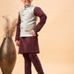 Boy's Beige Nehru Jacket With Wine Kurta And Pyjama Set