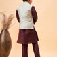 Boy's Beige Nehru Jacket With Wine Kurta And Pyjama Set