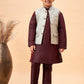 Boy's Beige Nehru Jacket With Wine Kurta And Pyjama Set