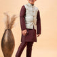 Boy's Beige Nehru Jacket With Wine Kurta And Pyjama Set