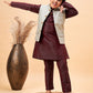 Boy's Beige Nehru Jacket With Wine Kurta And Pyjama Set
