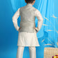 Boy's Beige Woven Jacket With Cream Kurta And Pyjama Set