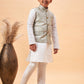Boy's Beige Woven Jacket With White Kurta And Pyjama Set