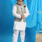 Boy's Beige Woven Jacket With White Kurta And Pyjama Set