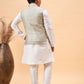 Boy's Beige Woven Jacket With White Kurta And Pyjama Set