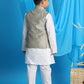 Boy's Beige Woven Jacket With White Kurta And Pyjama Set