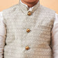 Boy's Beige Woven Jacket With White Kurta And Pyjama Set