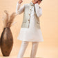 Boy's Beige Woven Jacket With White Kurta And Pyjama Set