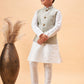 Boy's Beige Woven Jacket With White Kurta And Pyjama Set
