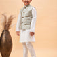 Boy's Beige Woven Jacket With White Kurta And Pyjama Set