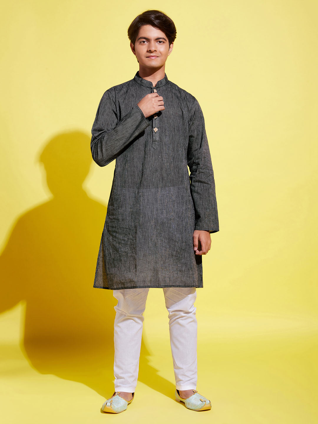 Boy's Black Cotton Kurta And Pyjama Set