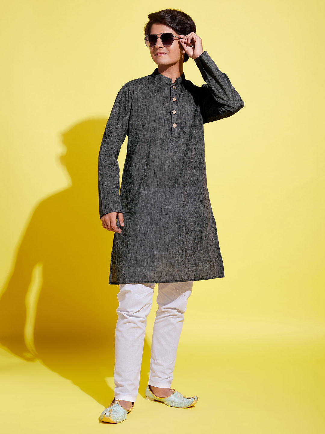 Boy's Black Cotton Kurta And Pyjama Set