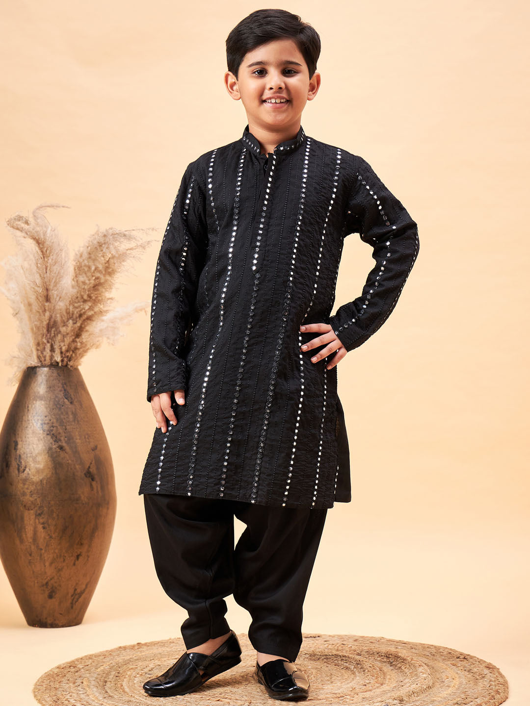Boys' black embroidered mirror work kurta with patiala set, view 7