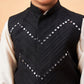 Boy's Black Mirror Work Jacket And Solid Kurta Pyjama Set