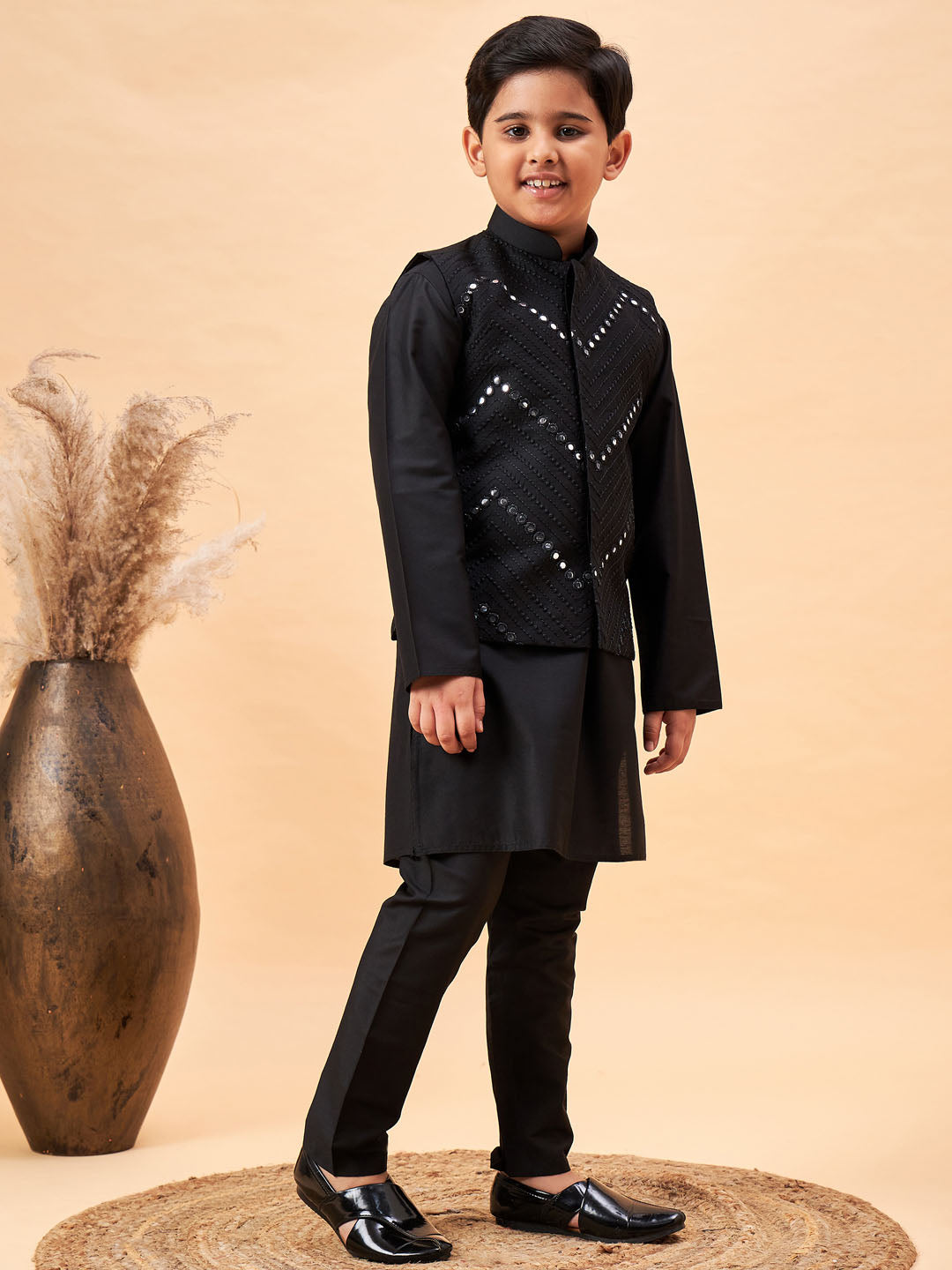 Boy's Black Mirror Work Jacket And Solid Kurta Pyjama Set